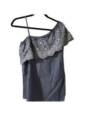 Fourteenth Place Blue One-Shoulder Top With White Embroidered Lace Trim Womens S
